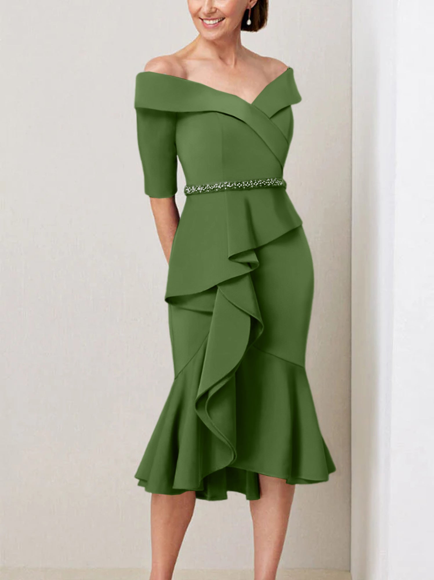 Sheath Column Off The Shoulder Half Sleeves Mother Of The Bride Dresses With Beading Ruffles