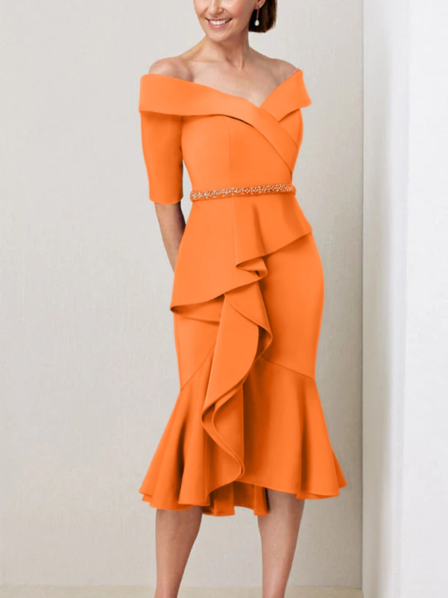 Sheath Column Off The Shoulder Half Sleeves Mother Of The Bride Dresses With Beading Ruffles