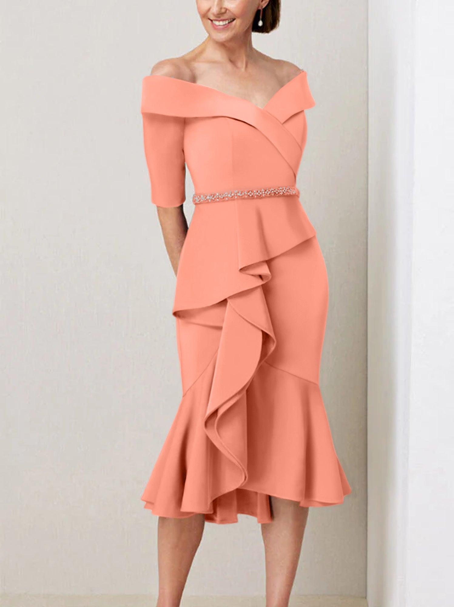 Sheath Column Off The Shoulder Half Sleeves Mother Of The Bride Dresses With Beading Ruffles