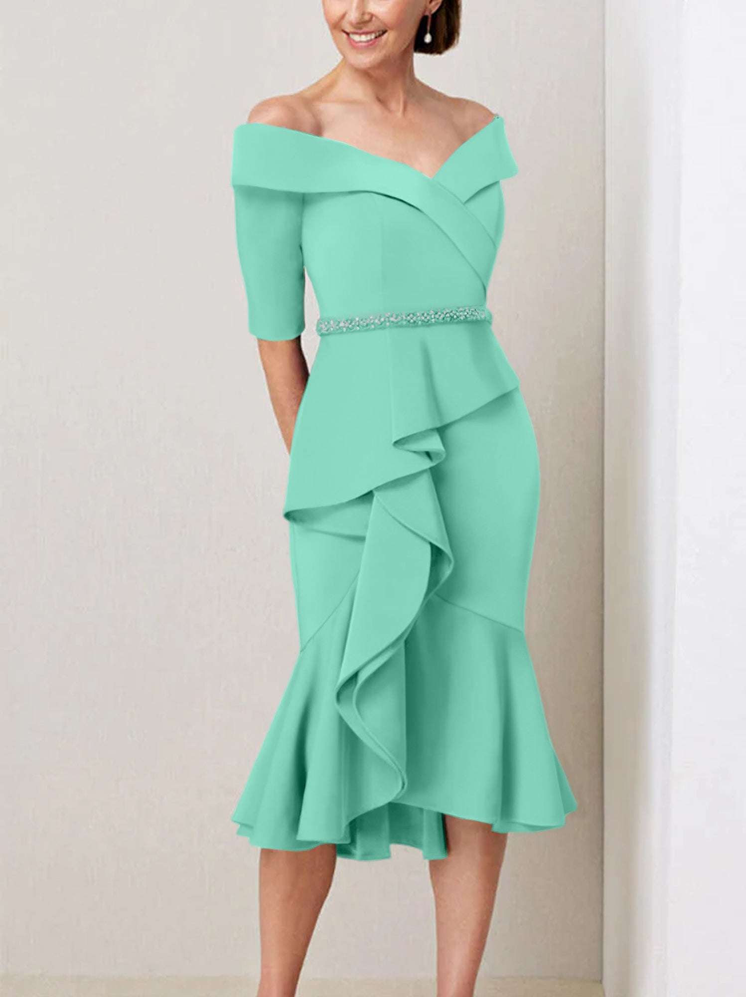 Sheath Column Off The Shoulder Half Sleeves Mother Of The Bride Dresses With Beading Ruffles