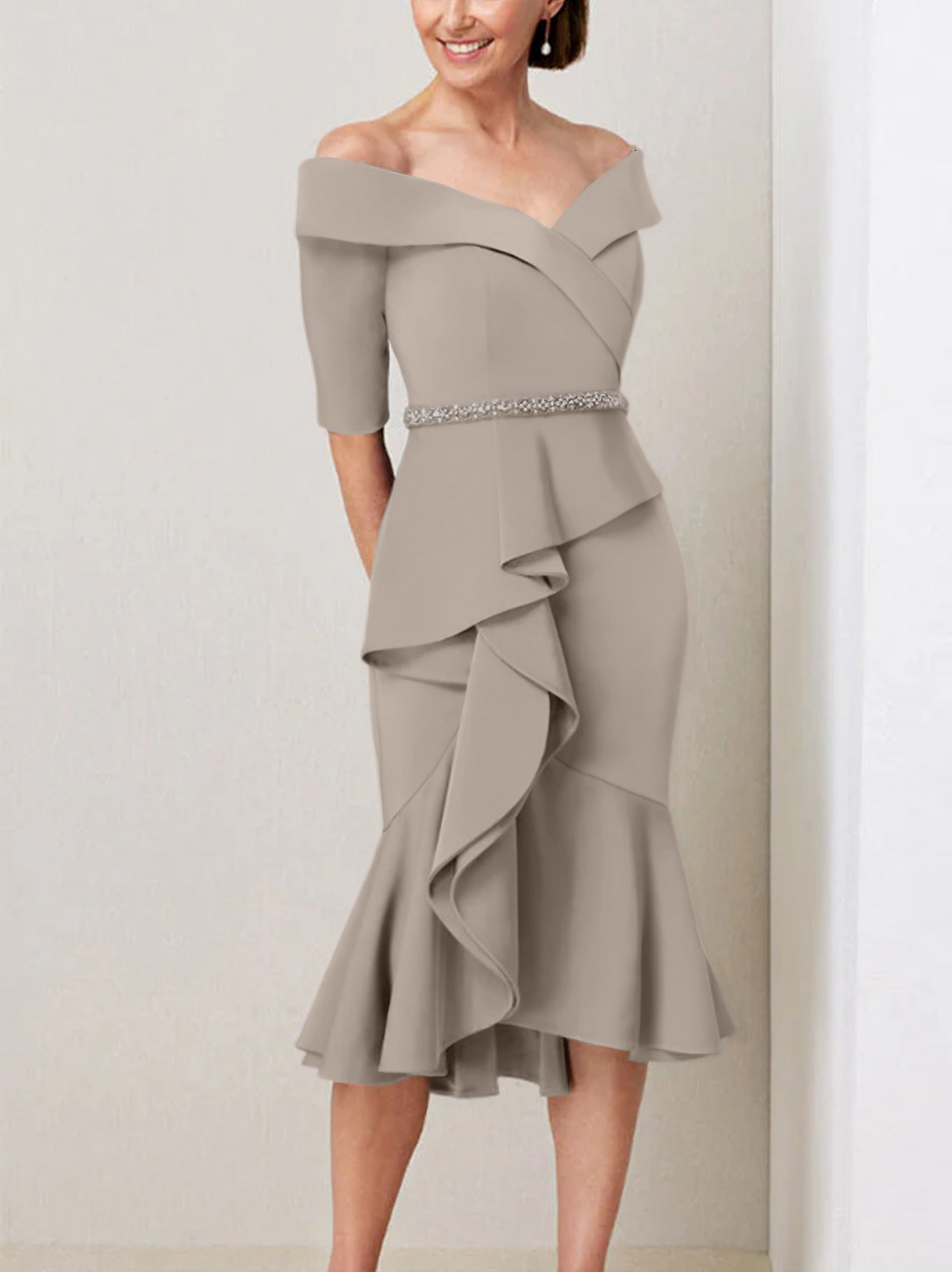 Sheath Column Off The Shoulder Half Sleeves Mother Of The Bride Dresses With Beading Ruffles