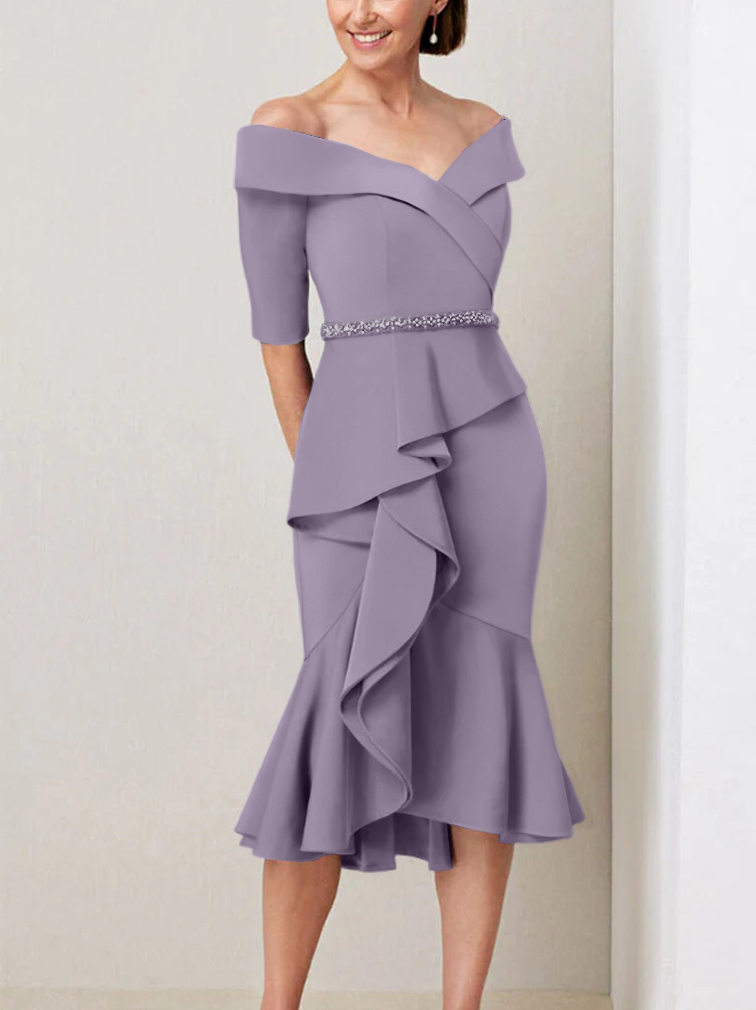 Sheath Column Off The Shoulder Half Sleeves Mother Of The Bride Dresses With Beading Ruffles