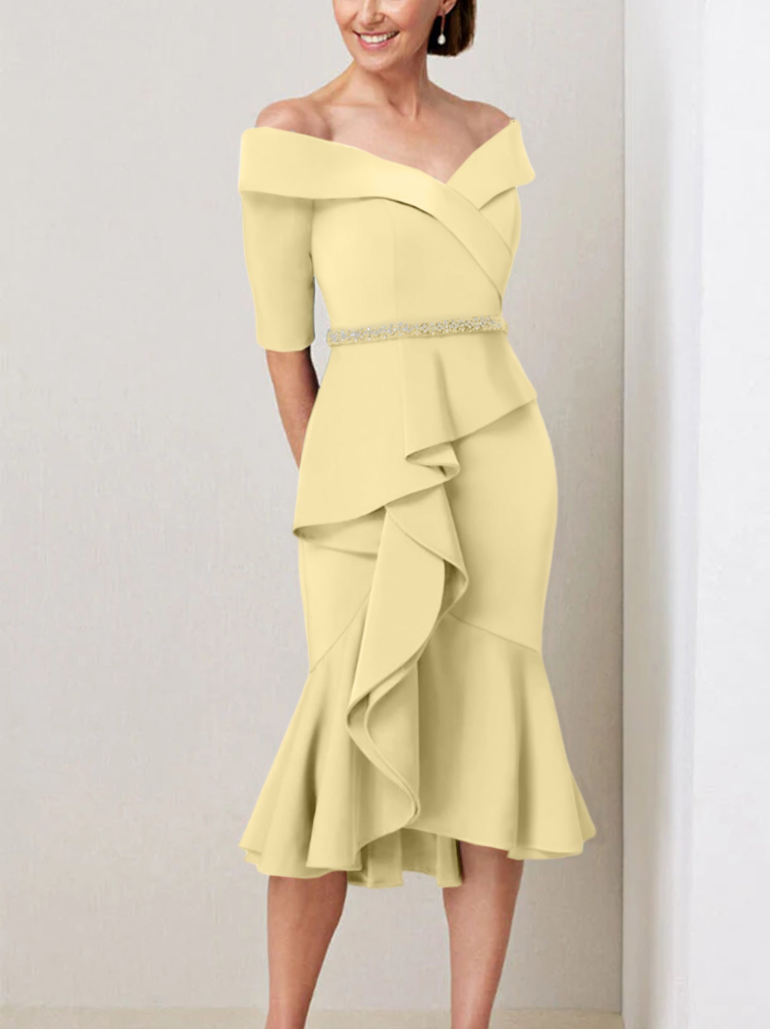 Sheath Column Off The Shoulder Half Sleeves Mother Of The Bride Dresses With Beading Ruffles
