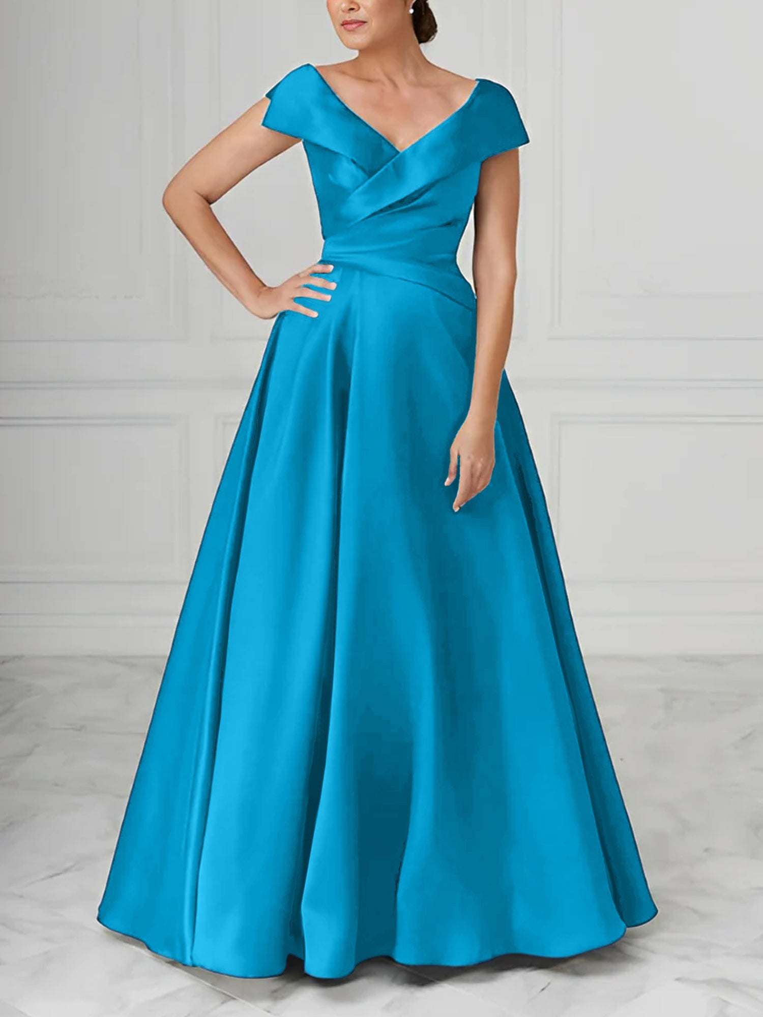 A Line Princess V Neck Satin Mother Of The Bride Dresses With Ruched