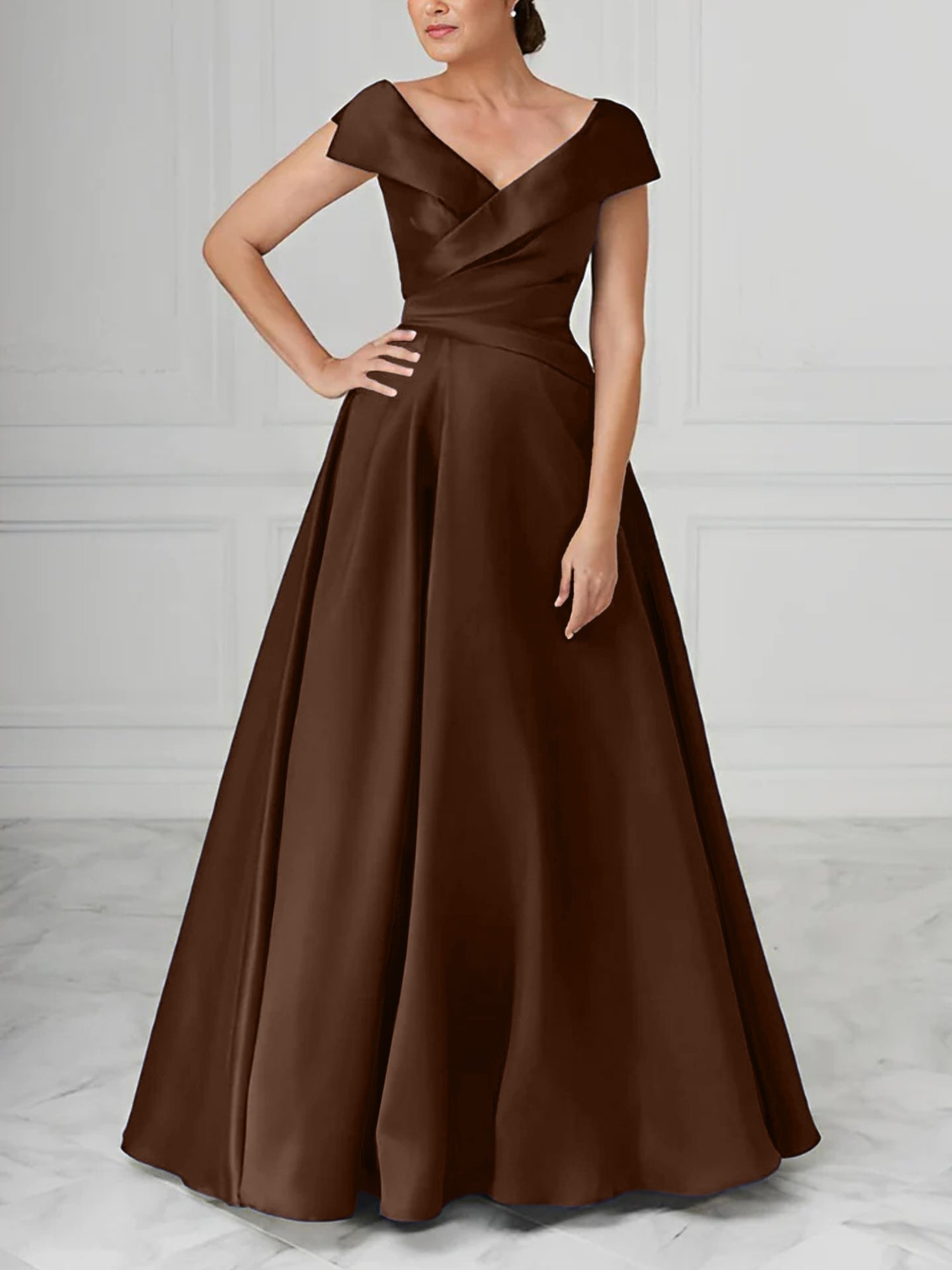 A Line Princess V Neck Satin Mother Of The Bride Dresses With Ruched