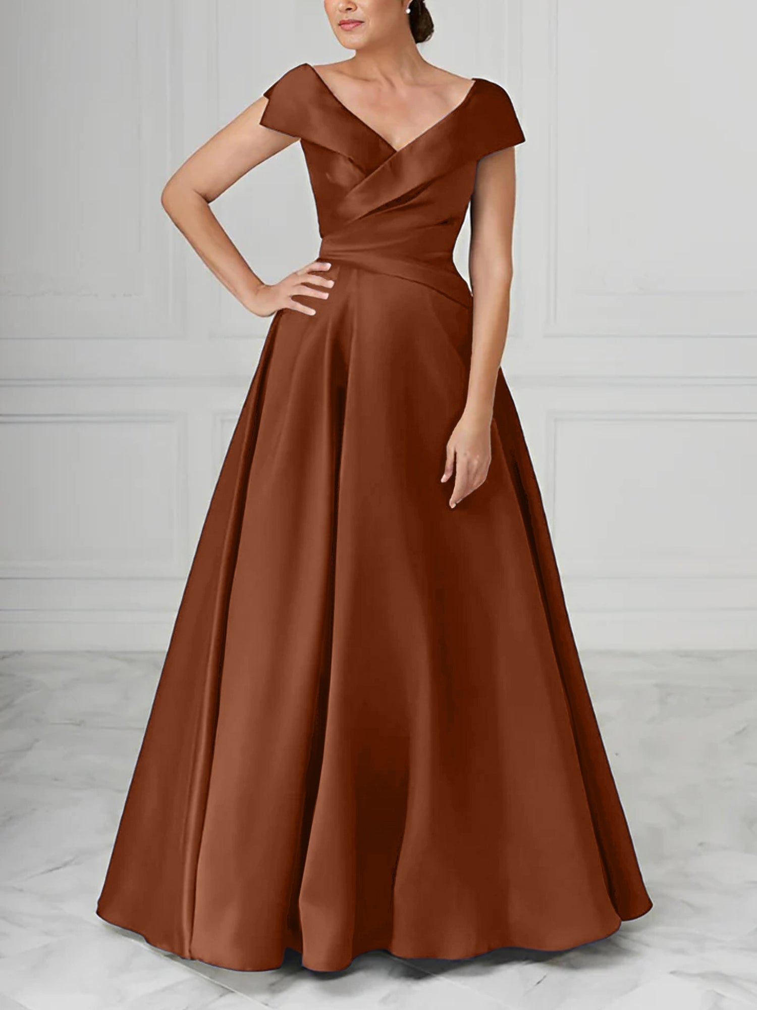 A Line Princess V Neck Satin Mother Of The Bride Dresses With Ruched