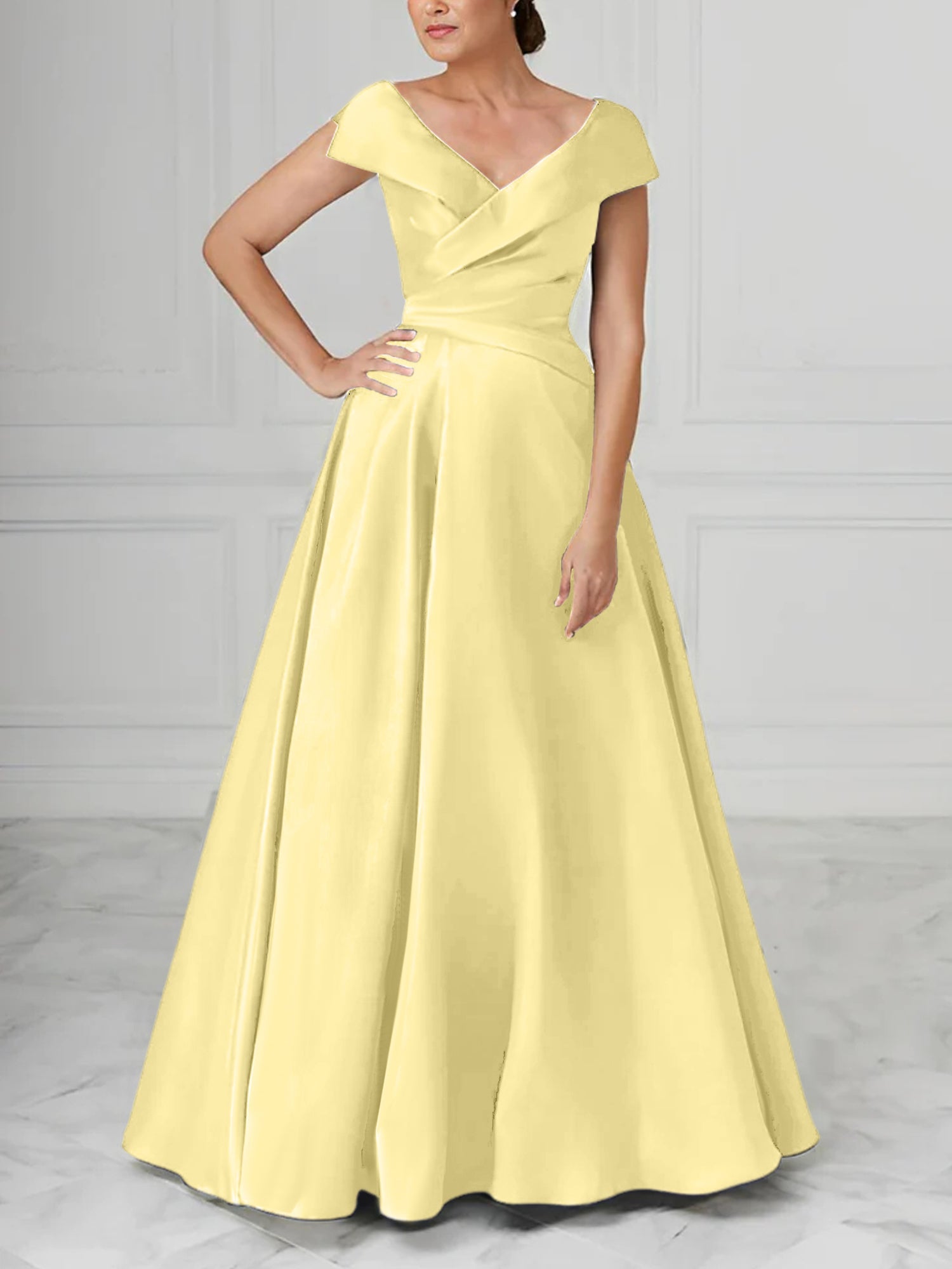A Line Princess V Neck Satin Mother Of The Bride Dresses With Ruched