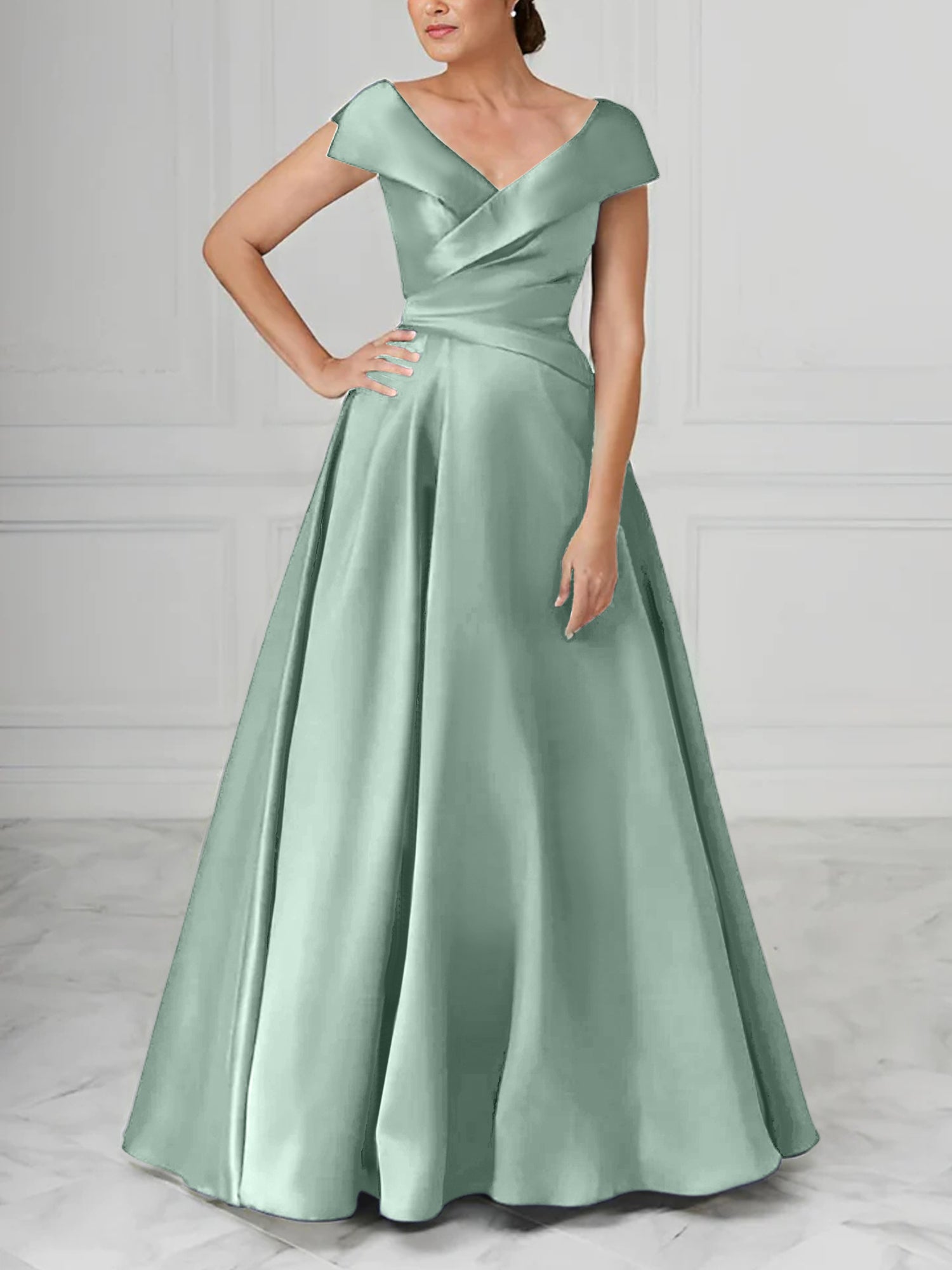 A Line Princess V Neck Satin Mother Of The Bride Dresses With Ruched