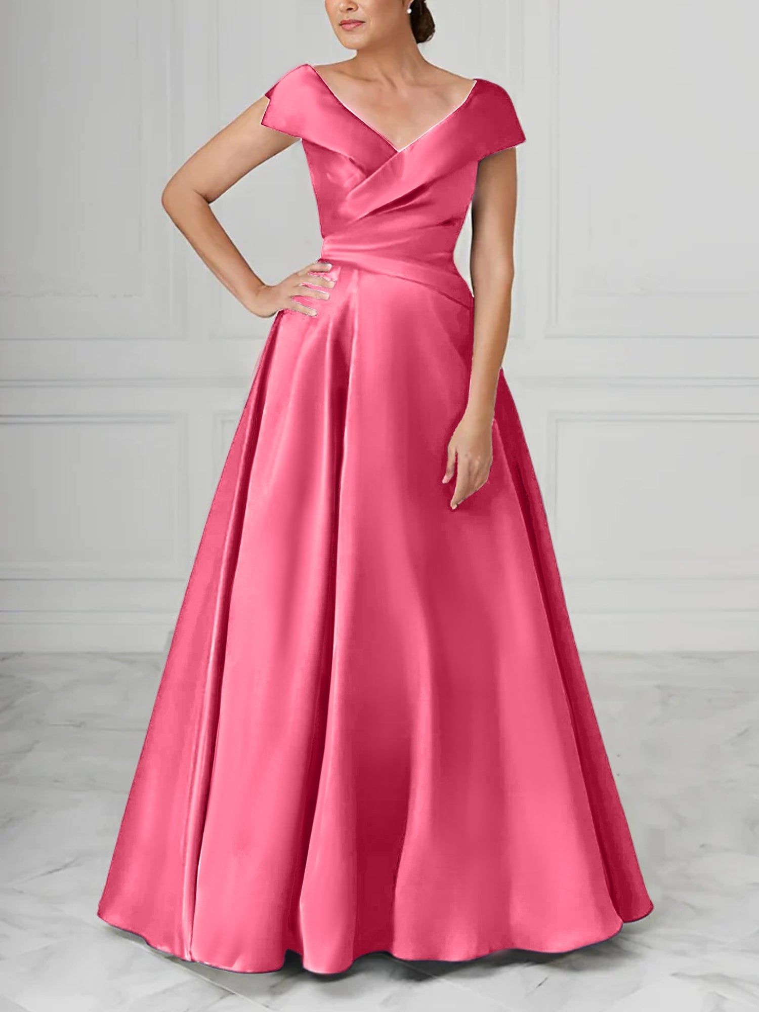 A Line Princess V Neck Satin Mother Of The Bride Dresses With Ruched
