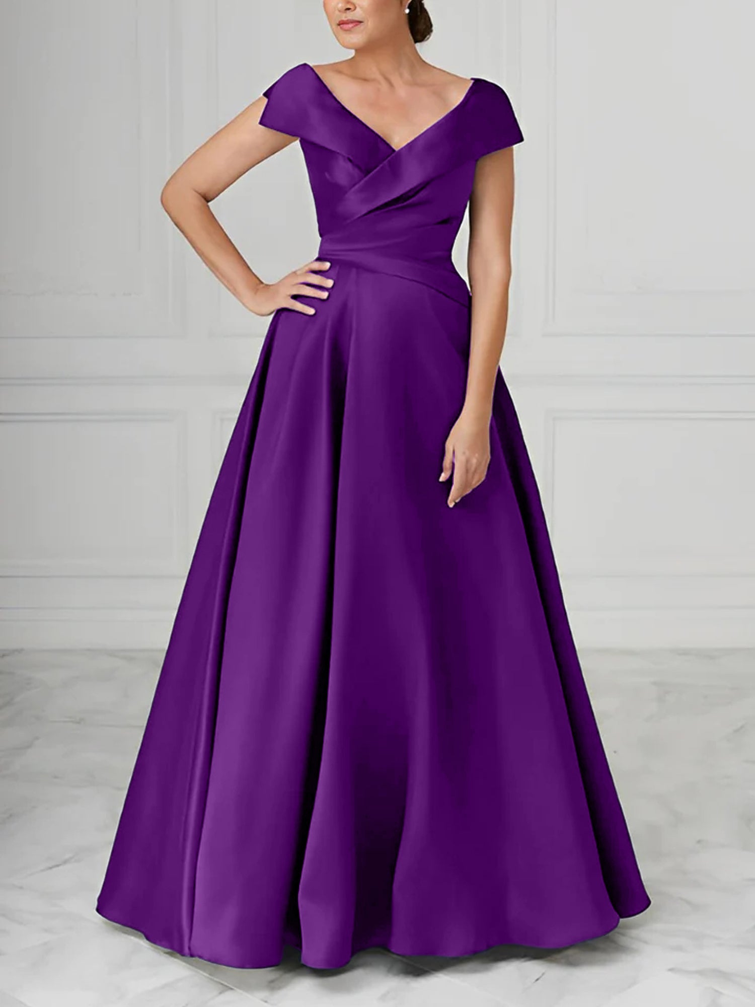 A Line Princess V Neck Satin Mother Of The Bride Dresses With Ruched