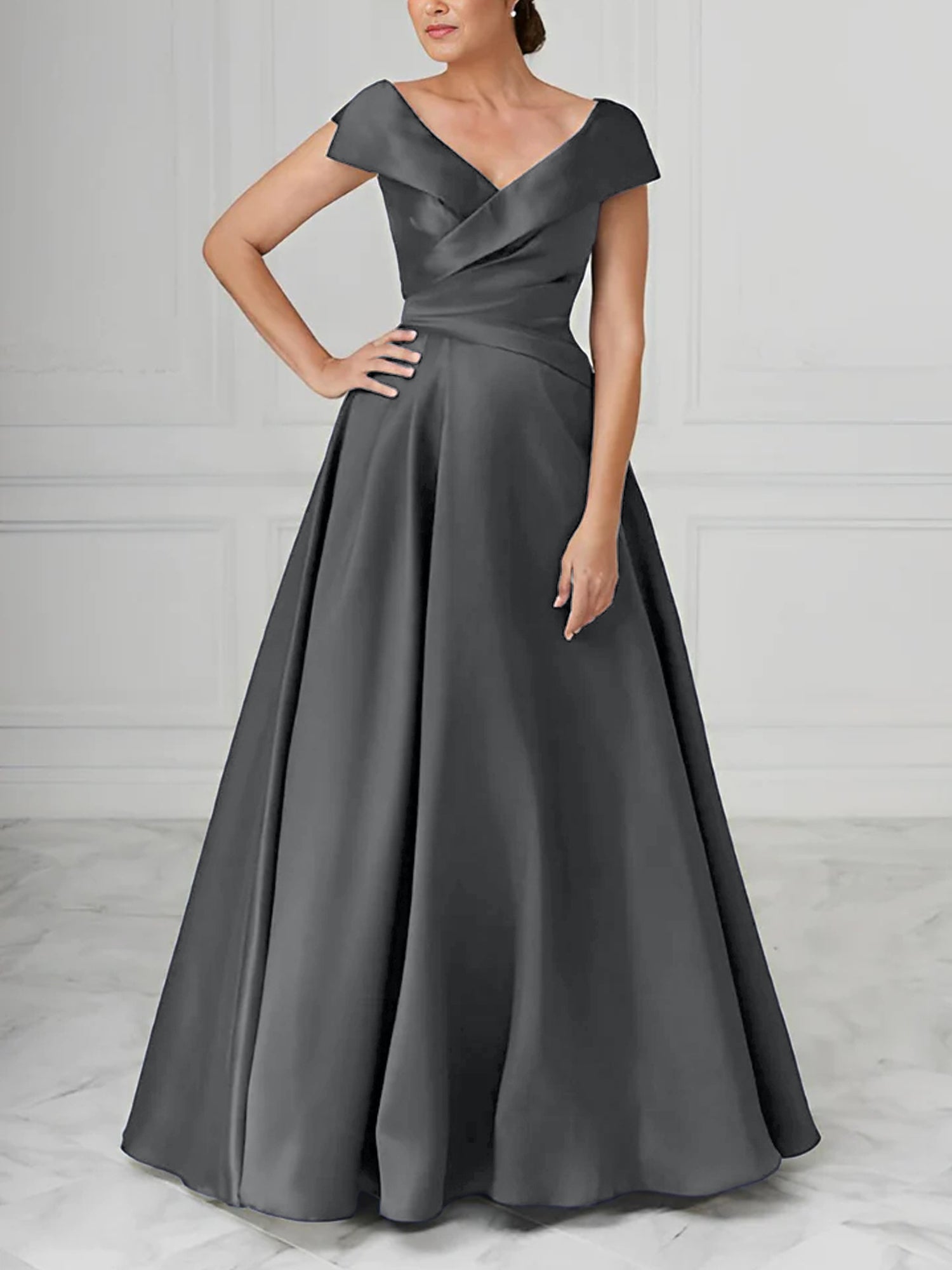A Line Princess V Neck Satin Mother Of The Bride Dresses With Ruched