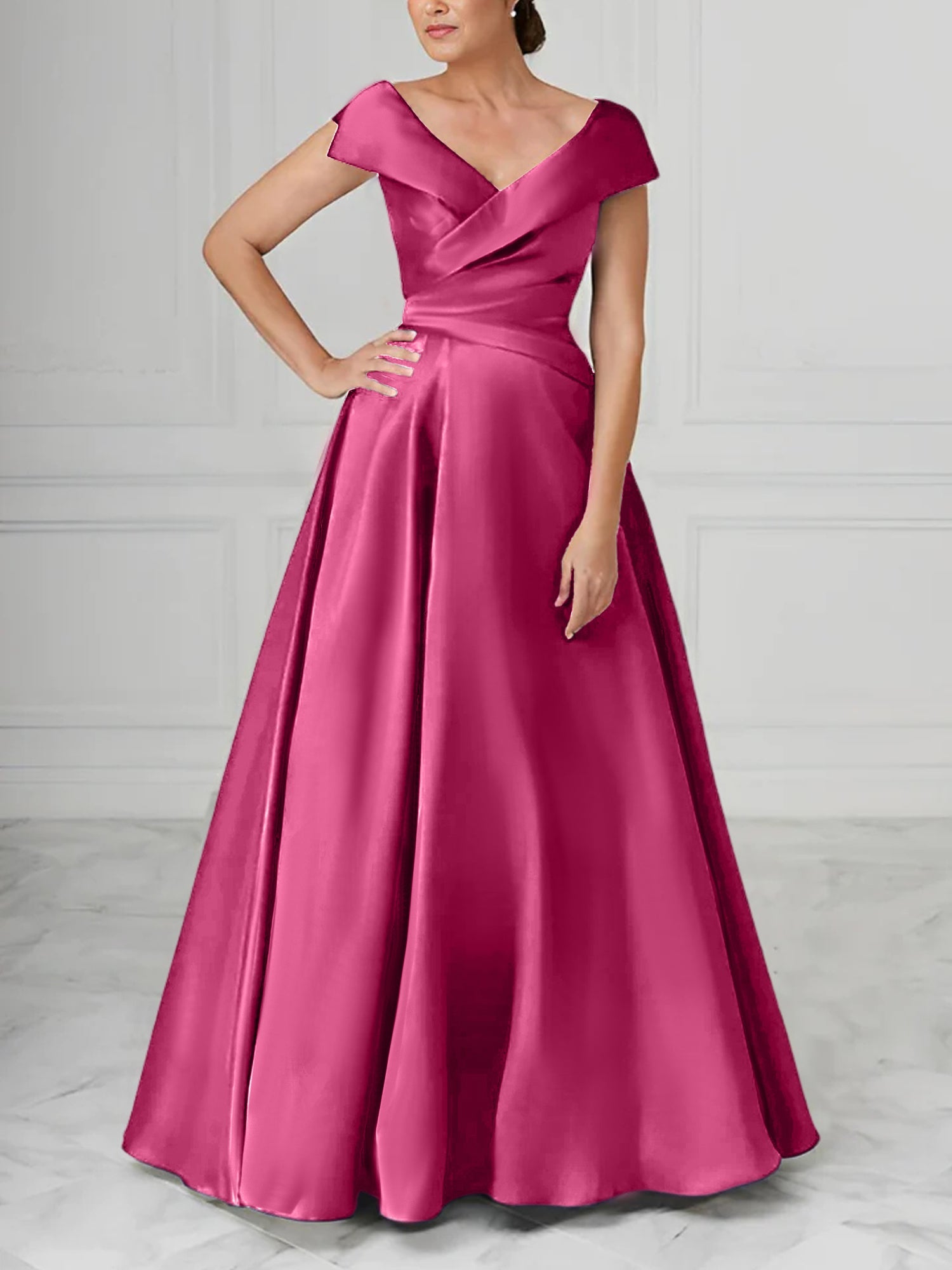 A Line Princess V Neck Satin Mother Of The Bride Dresses With Ruched
