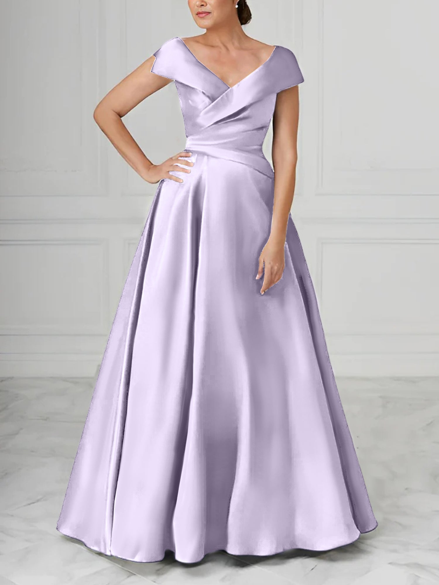 A Line Princess V Neck Satin Mother Of The Bride Dresses With Ruched