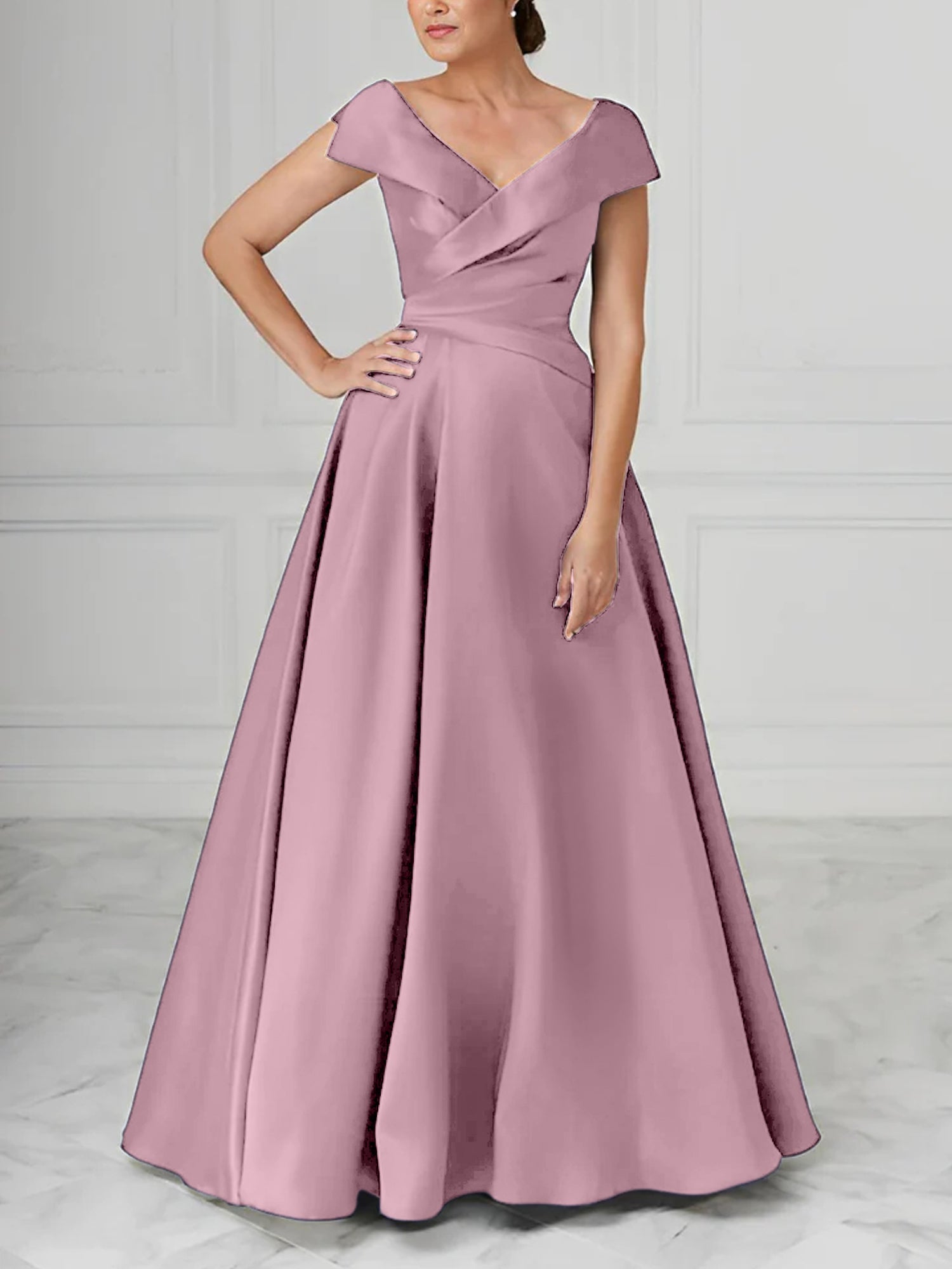 A Line Princess V Neck Satin Mother Of The Bride Dresses With Ruched