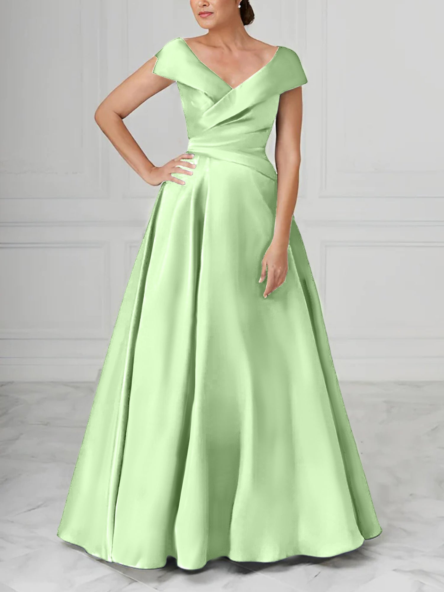 A Line Princess V Neck Satin Mother Of The Bride Dresses With Ruched
