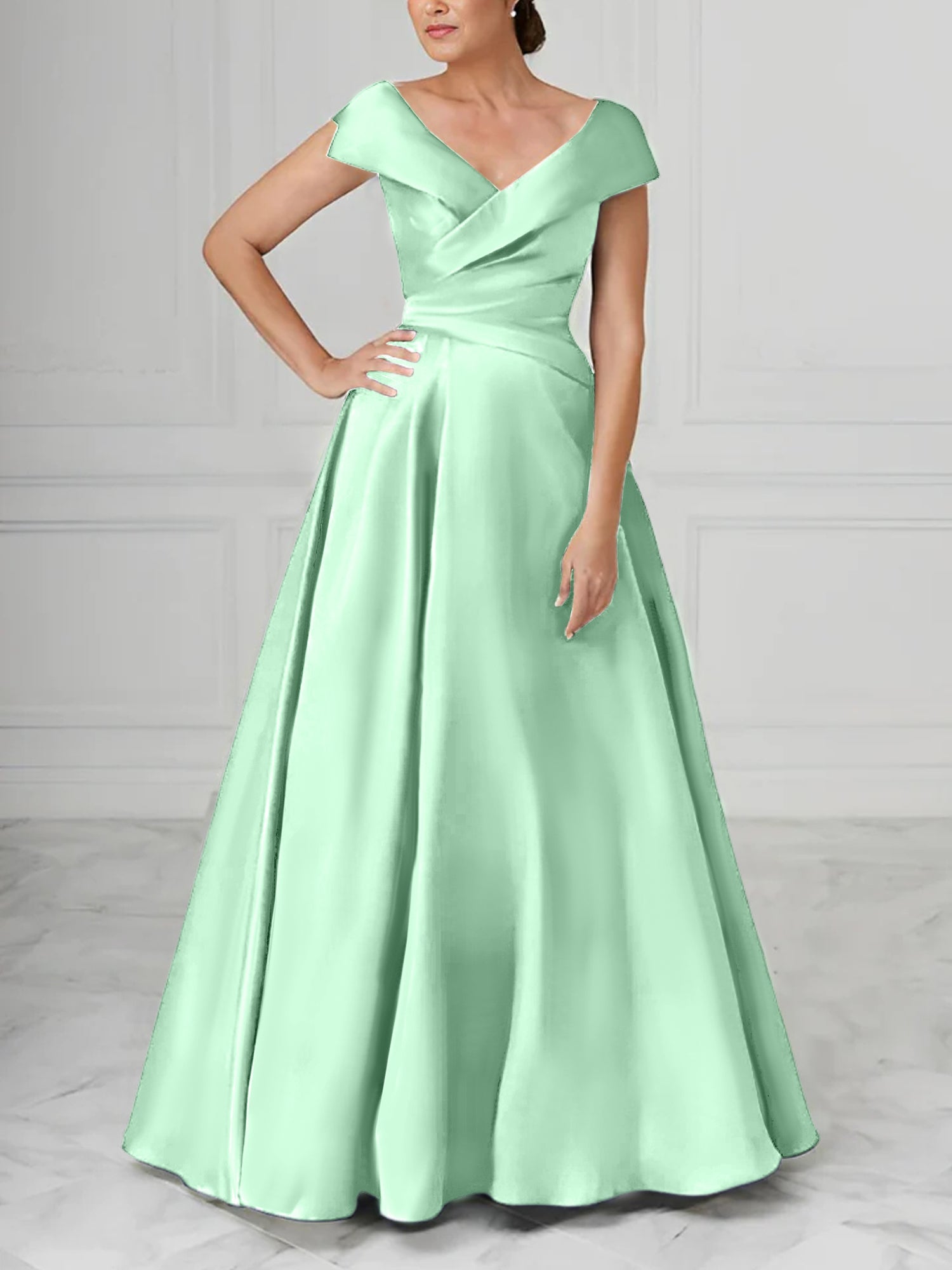 A Line Princess V Neck Satin Mother Of The Bride Dresses With Ruched