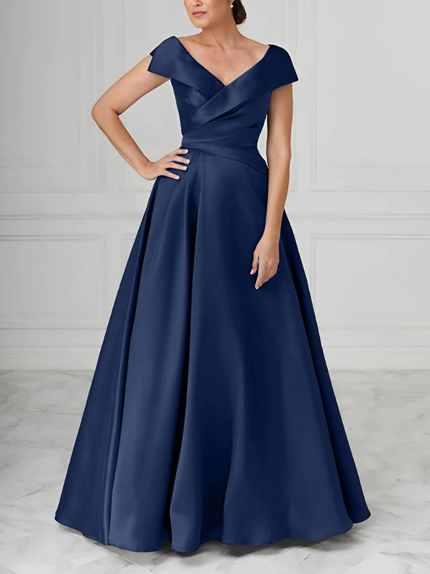 A Line Princess V Neck Satin Mother Of The Bride Dresses With Ruched