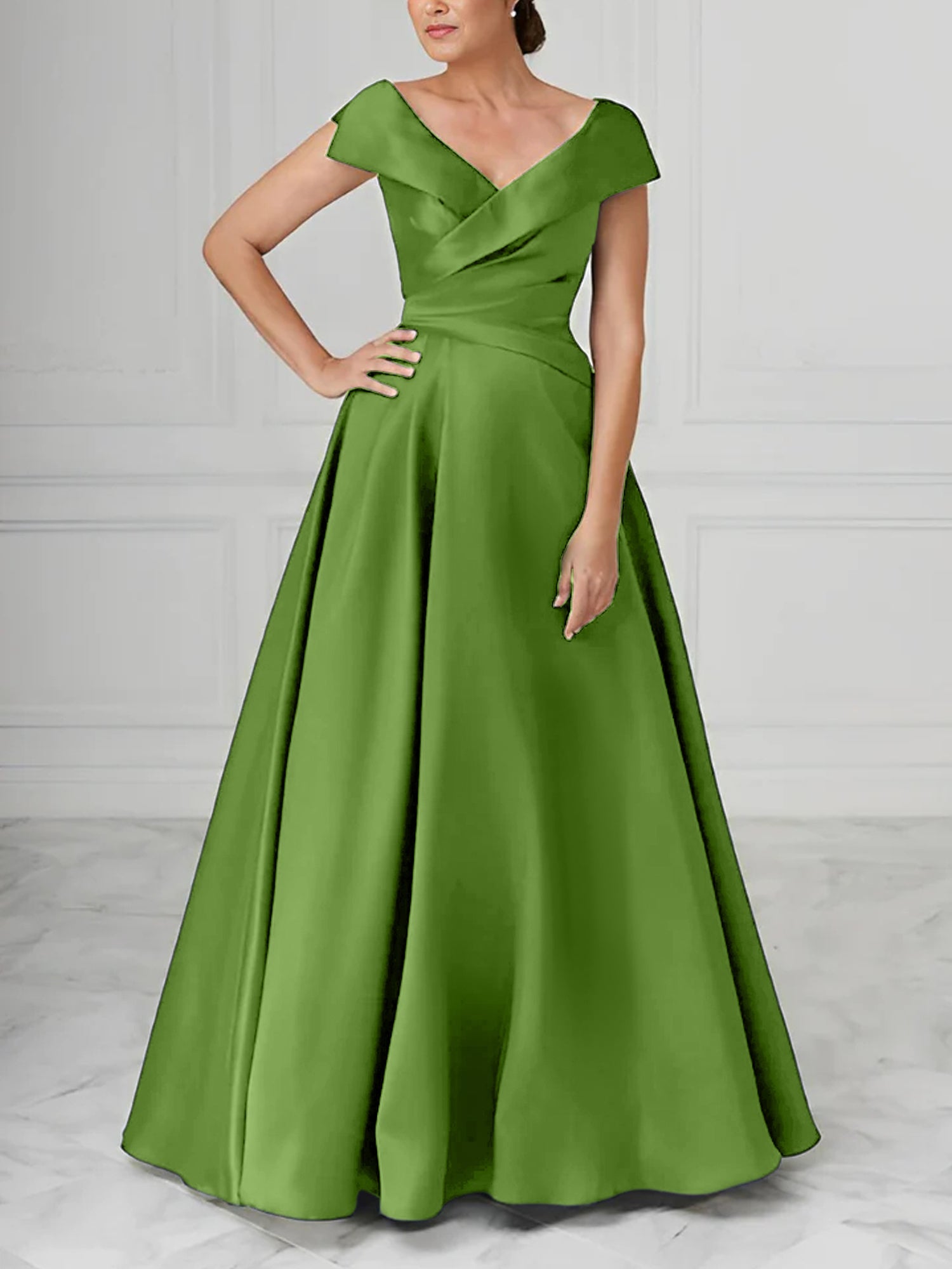 A Line Princess V Neck Satin Mother Of The Bride Dresses With Ruched