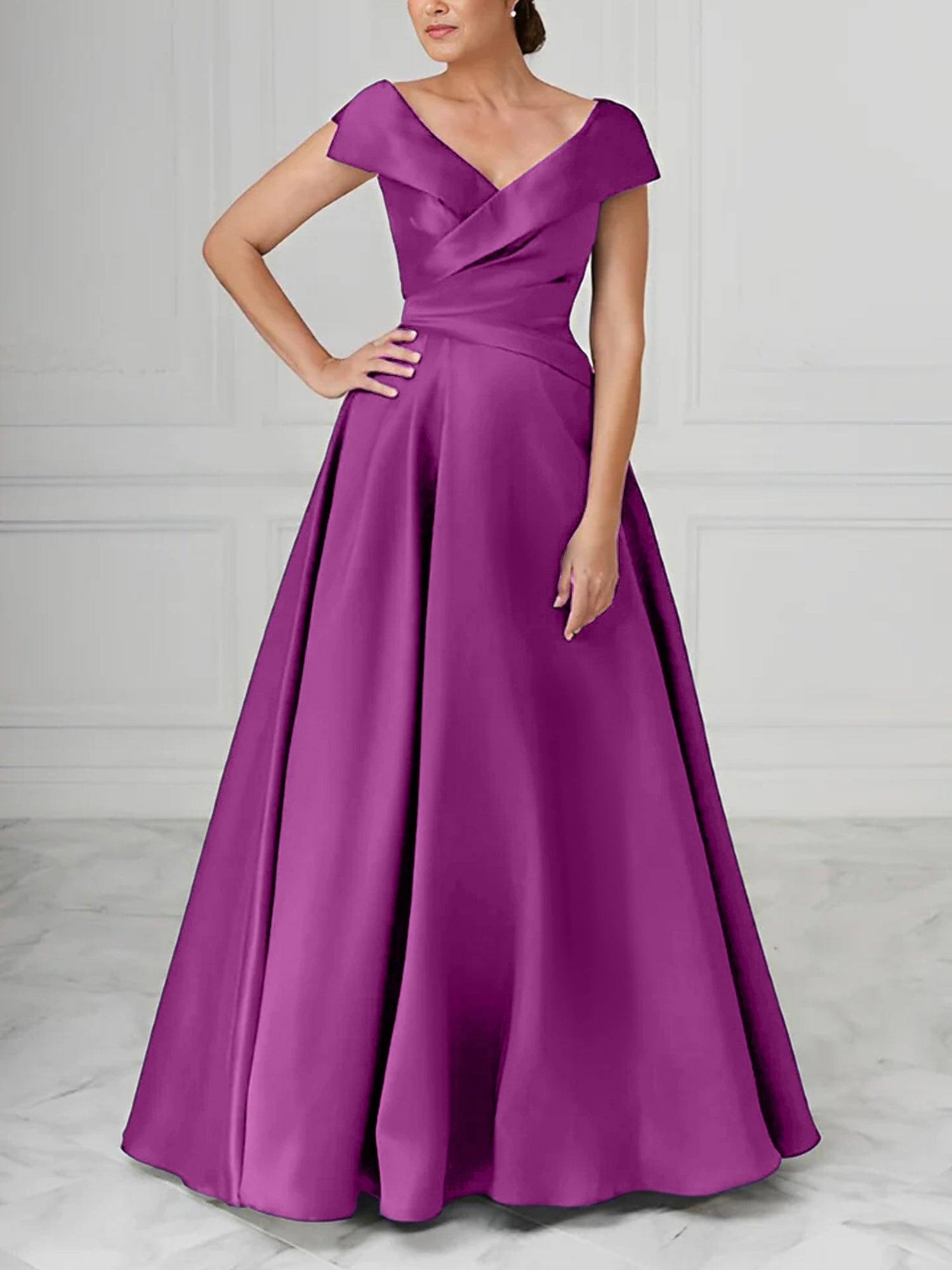 A Line Princess V Neck Satin Mother Of The Bride Dresses With Ruched