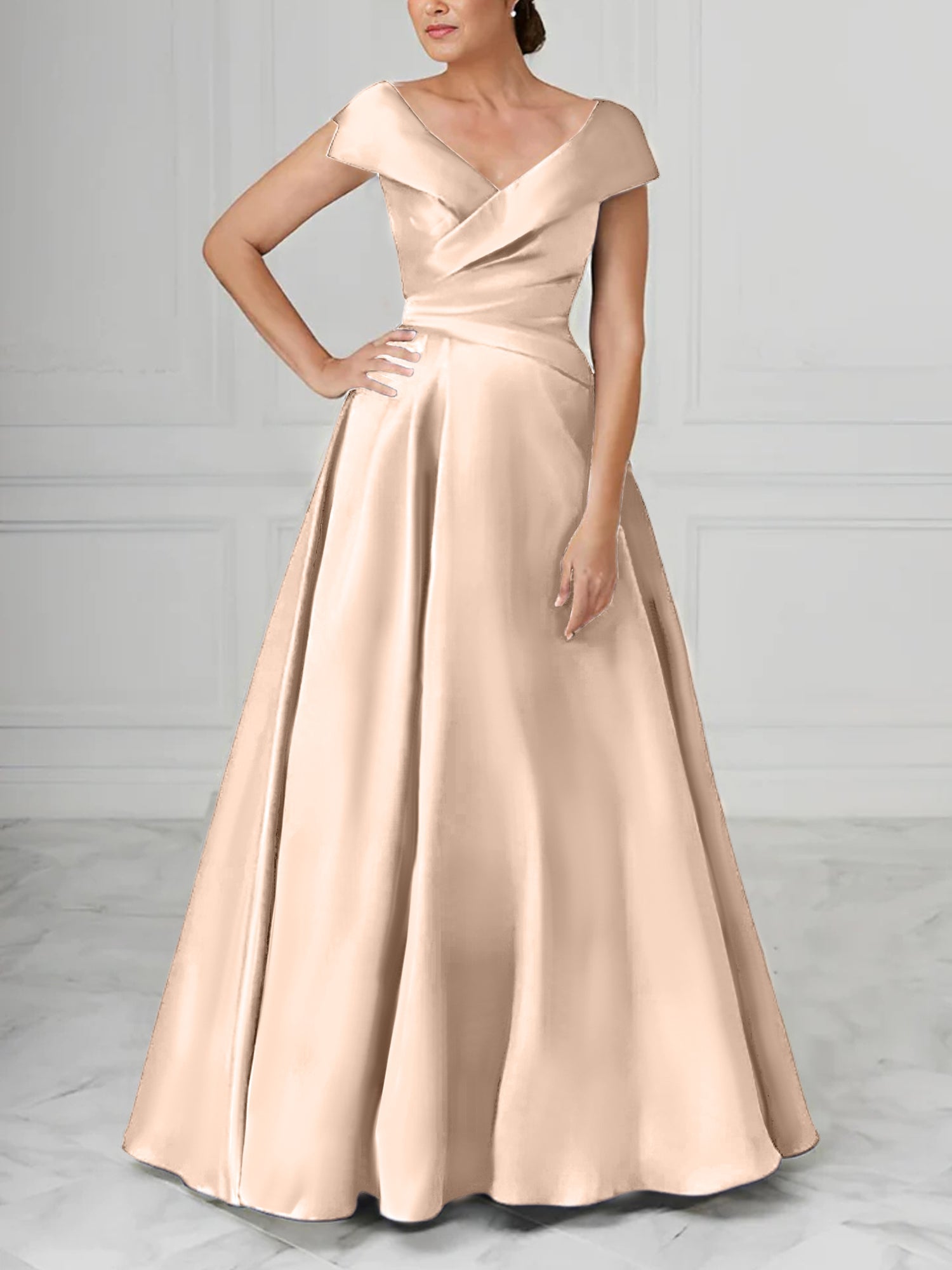 A Line Princess V Neck Satin Mother Of The Bride Dresses With Ruched