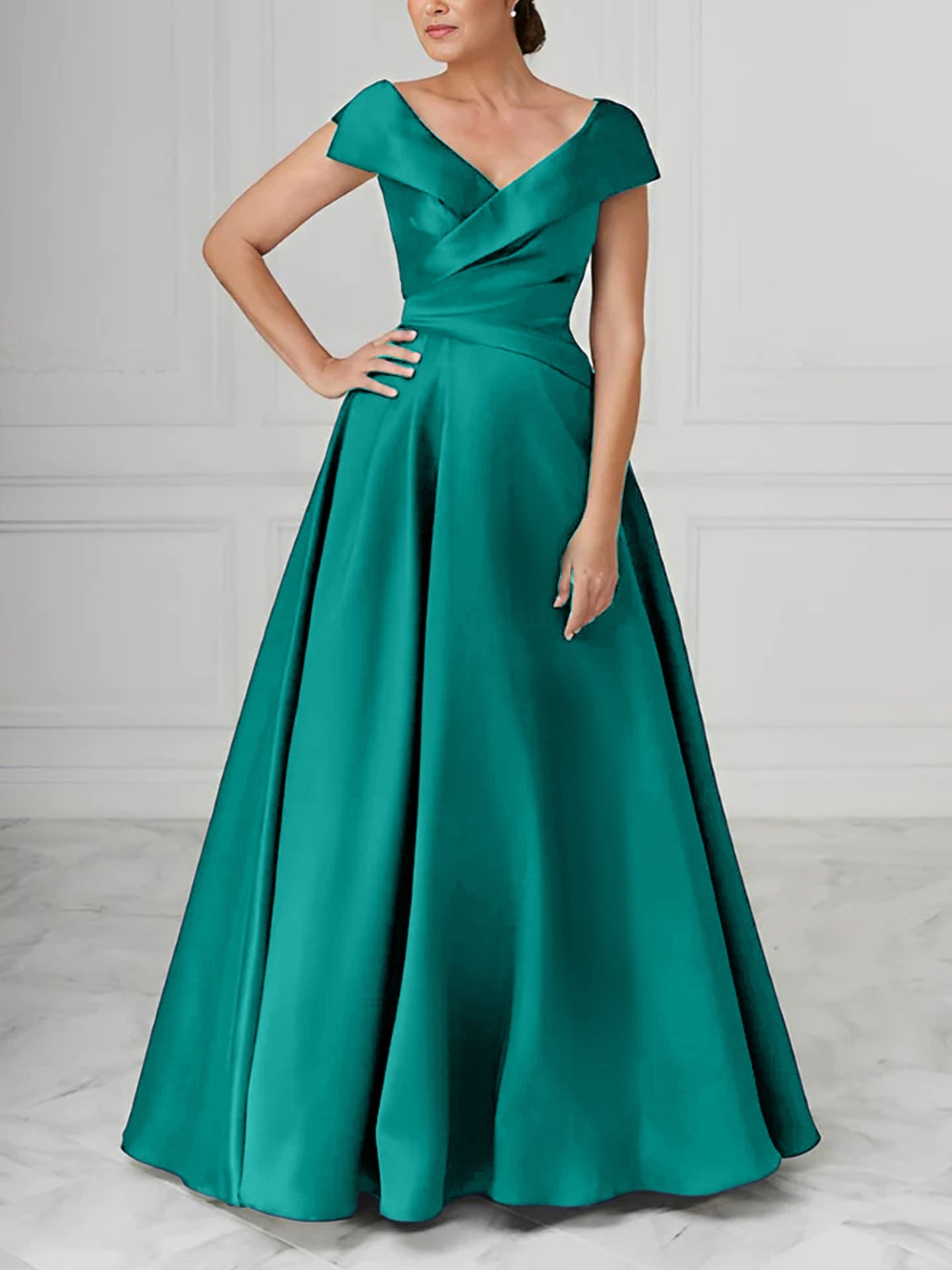 A Line Princess V Neck Satin Mother Of The Bride Dresses With Ruched