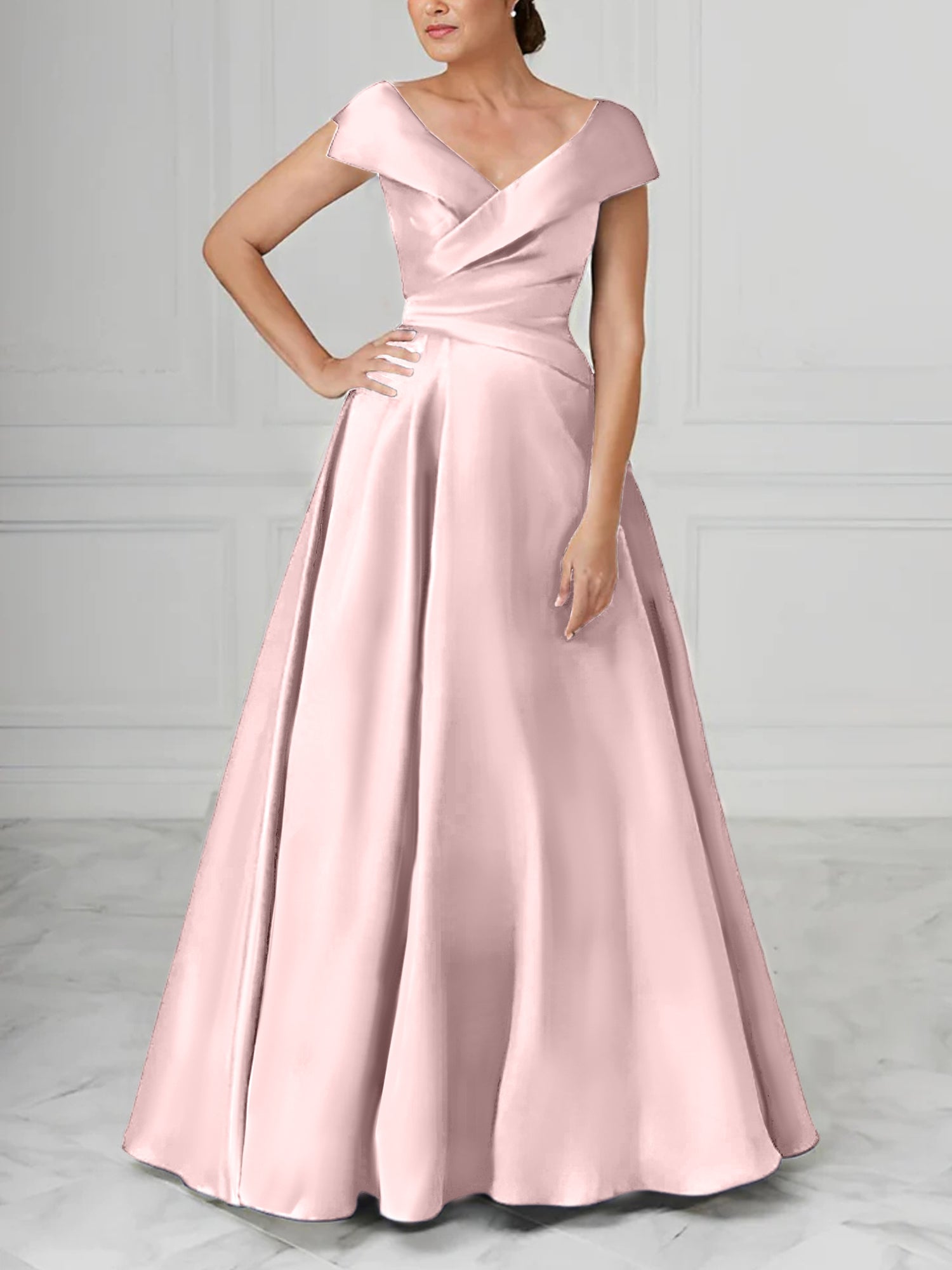 A Line Princess V Neck Satin Mother Of The Bride Dresses With Ruched