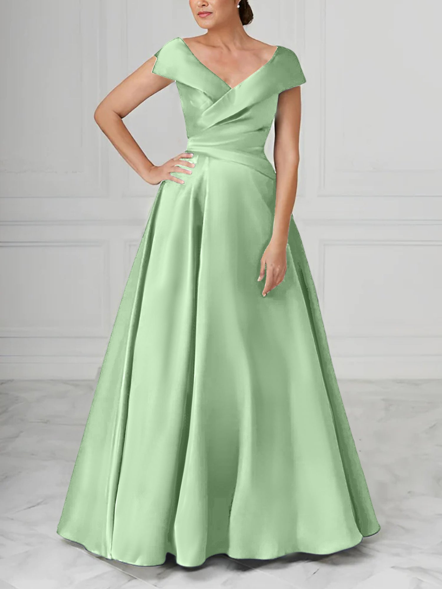 A Line Princess V Neck Satin Mother Of The Bride Dresses With Ruched