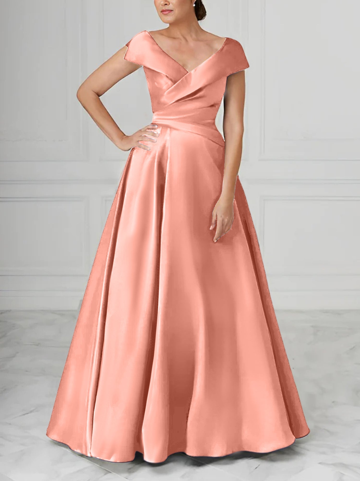 A Line Princess V Neck Satin Mother Of The Bride Dresses With Ruched