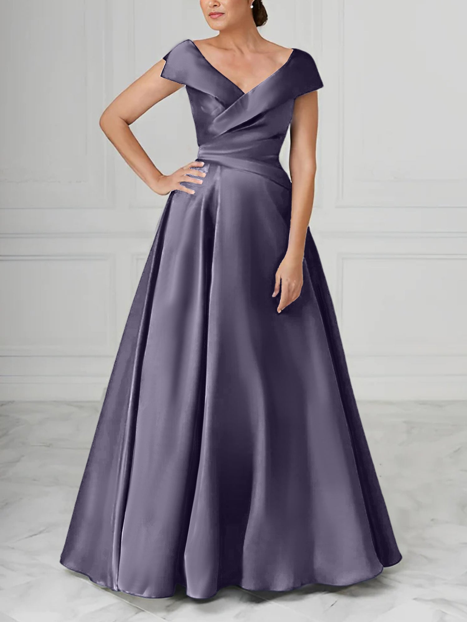 A Line Princess V Neck Satin Mother Of The Bride Dresses With Ruched