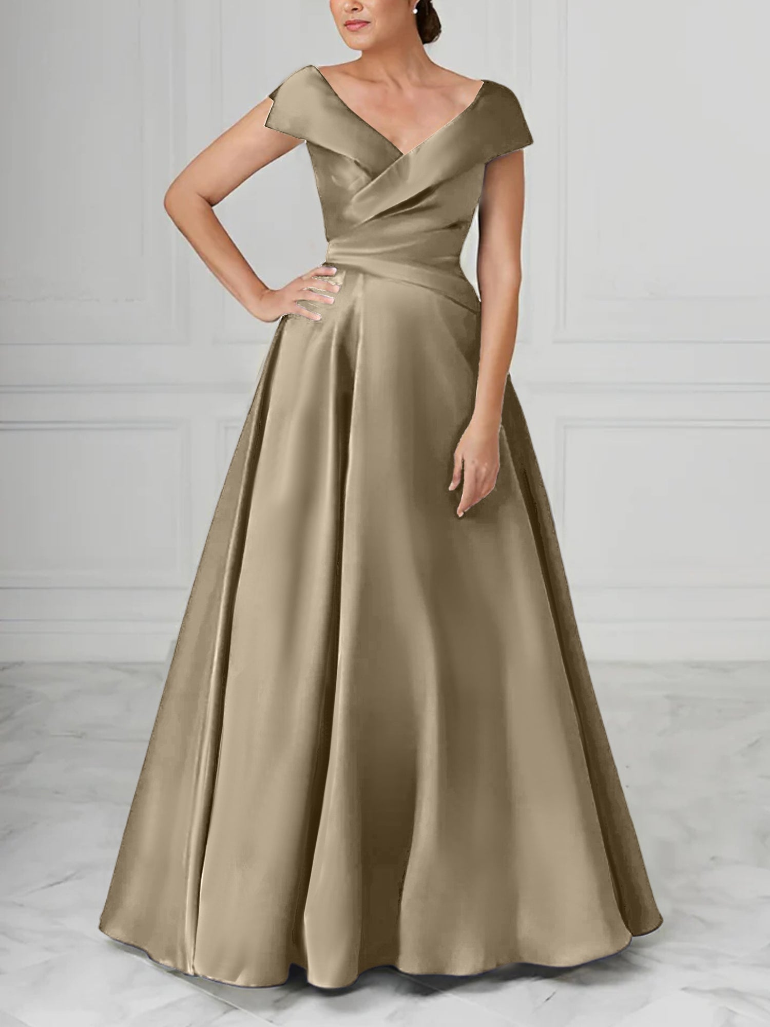 A Line Princess V Neck Satin Mother Of The Bride Dresses With Ruched