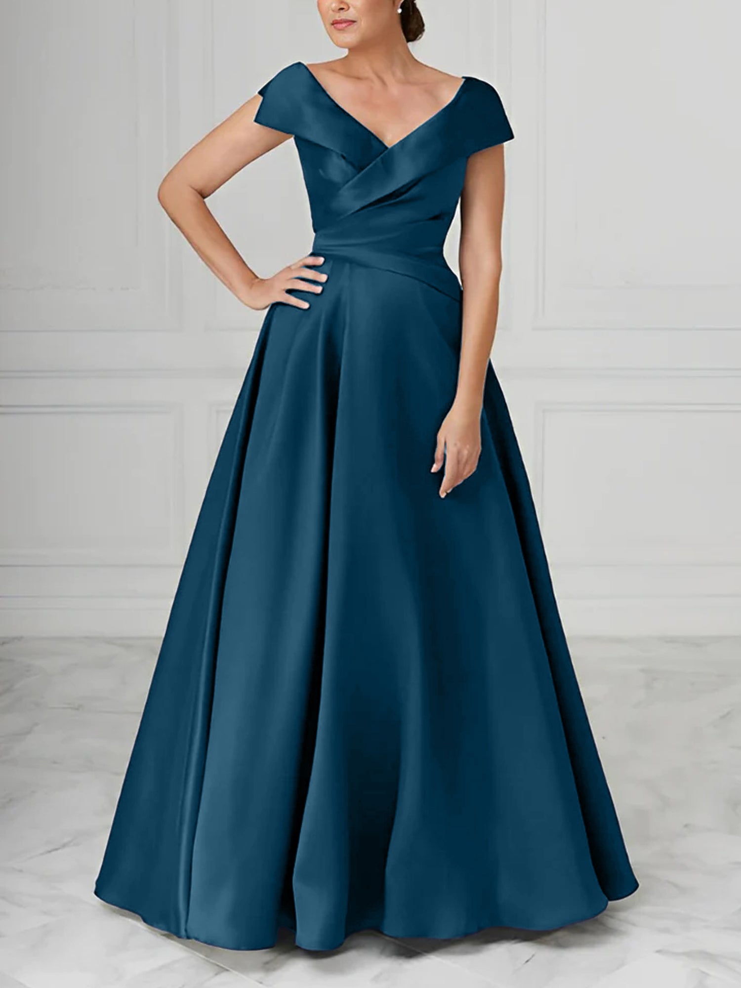 A Line Princess V Neck Satin Mother Of The Bride Dresses With Ruched