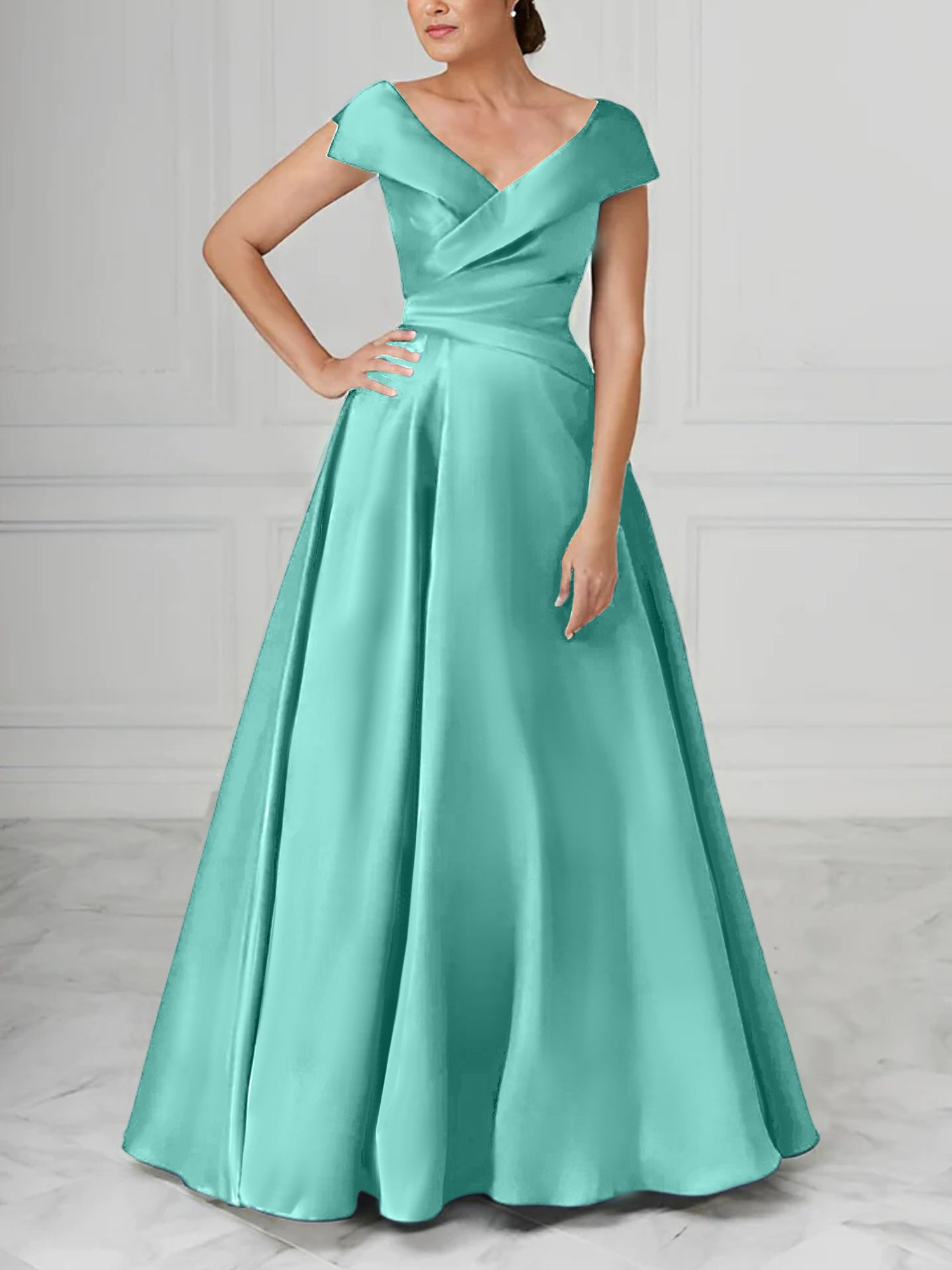A Line Princess V Neck Satin Mother Of The Bride Dresses With Ruched