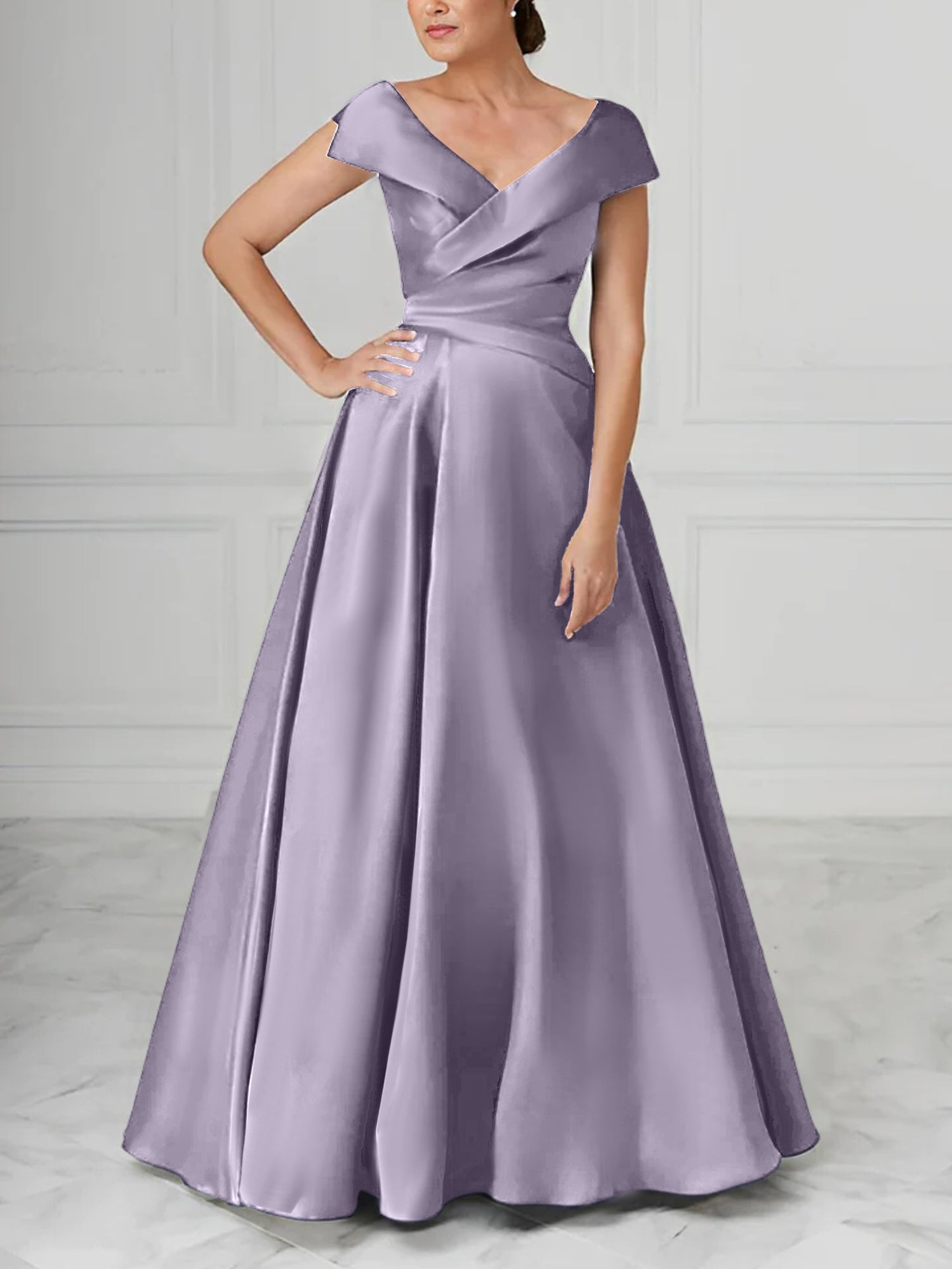 A Line Princess V Neck Satin Mother Of The Bride Dresses With Ruched