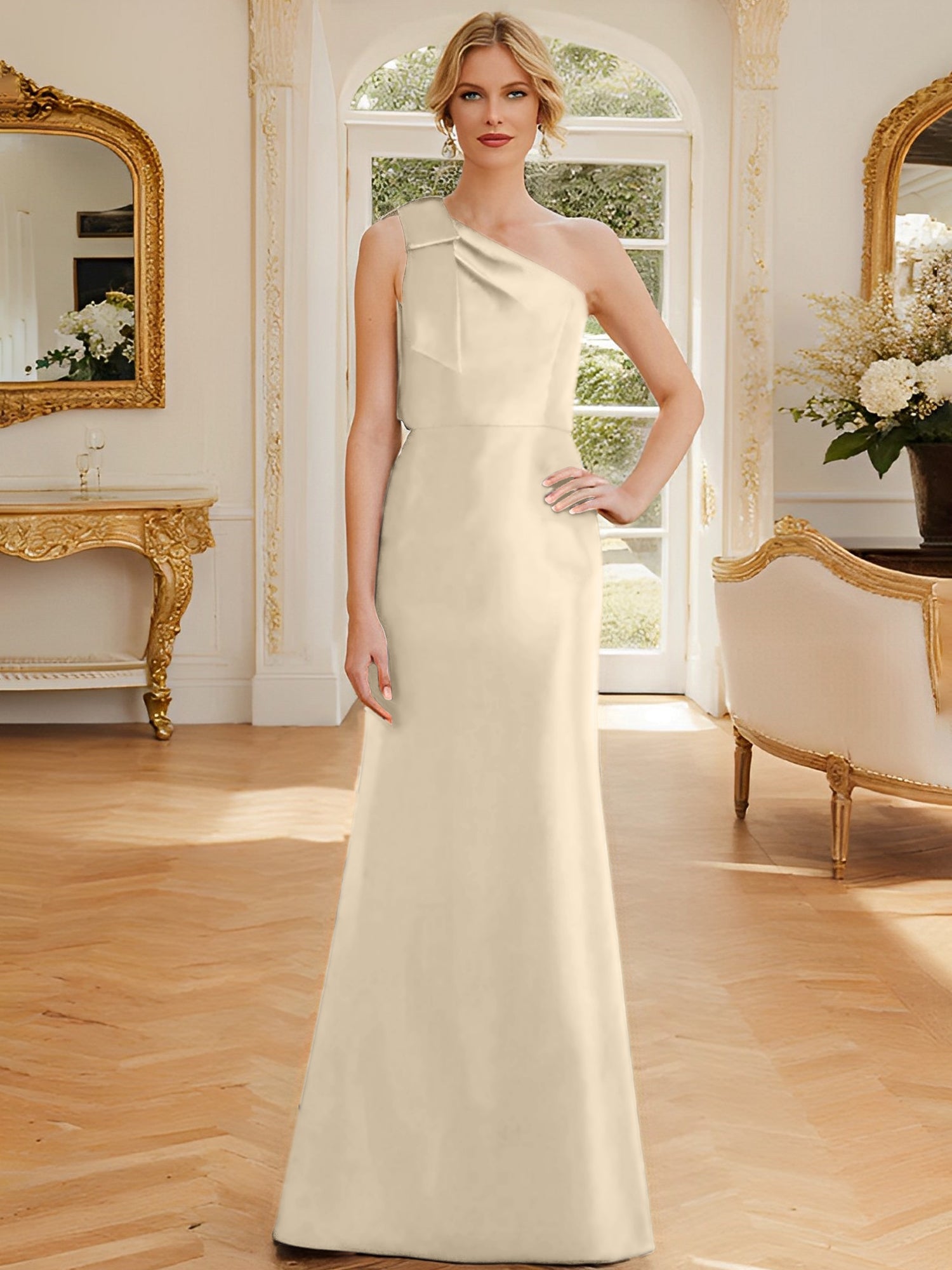 Sheath Column One Shoulder Sleeveless Satin Mother Of The Bride Dresses With Bowknot