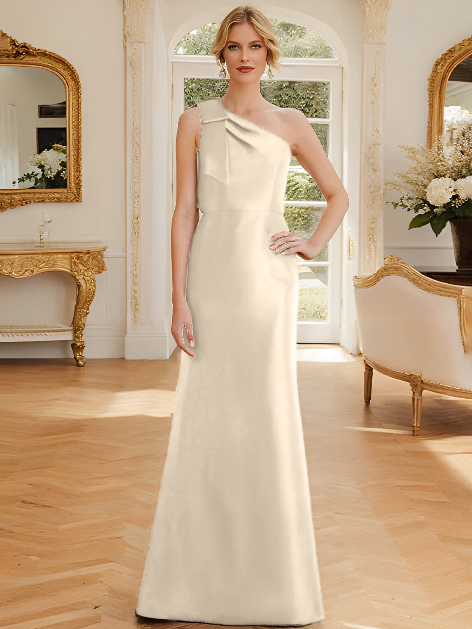 Sheath Column One Shoulder Sleeveless Satin Mother Of The Bride Dresses With Bowknot