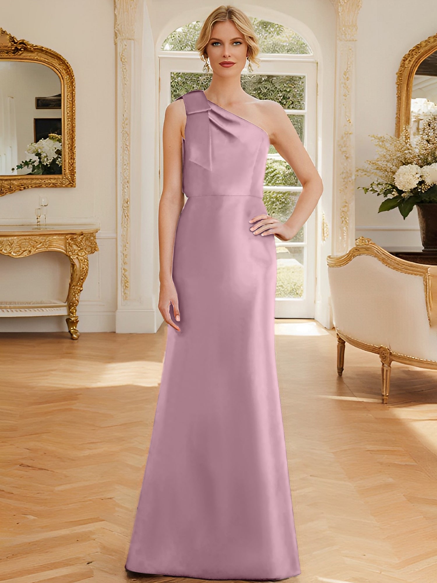 Sheath Column One Shoulder Sleeveless Satin Mother Of The Bride Dresses With Bowknot