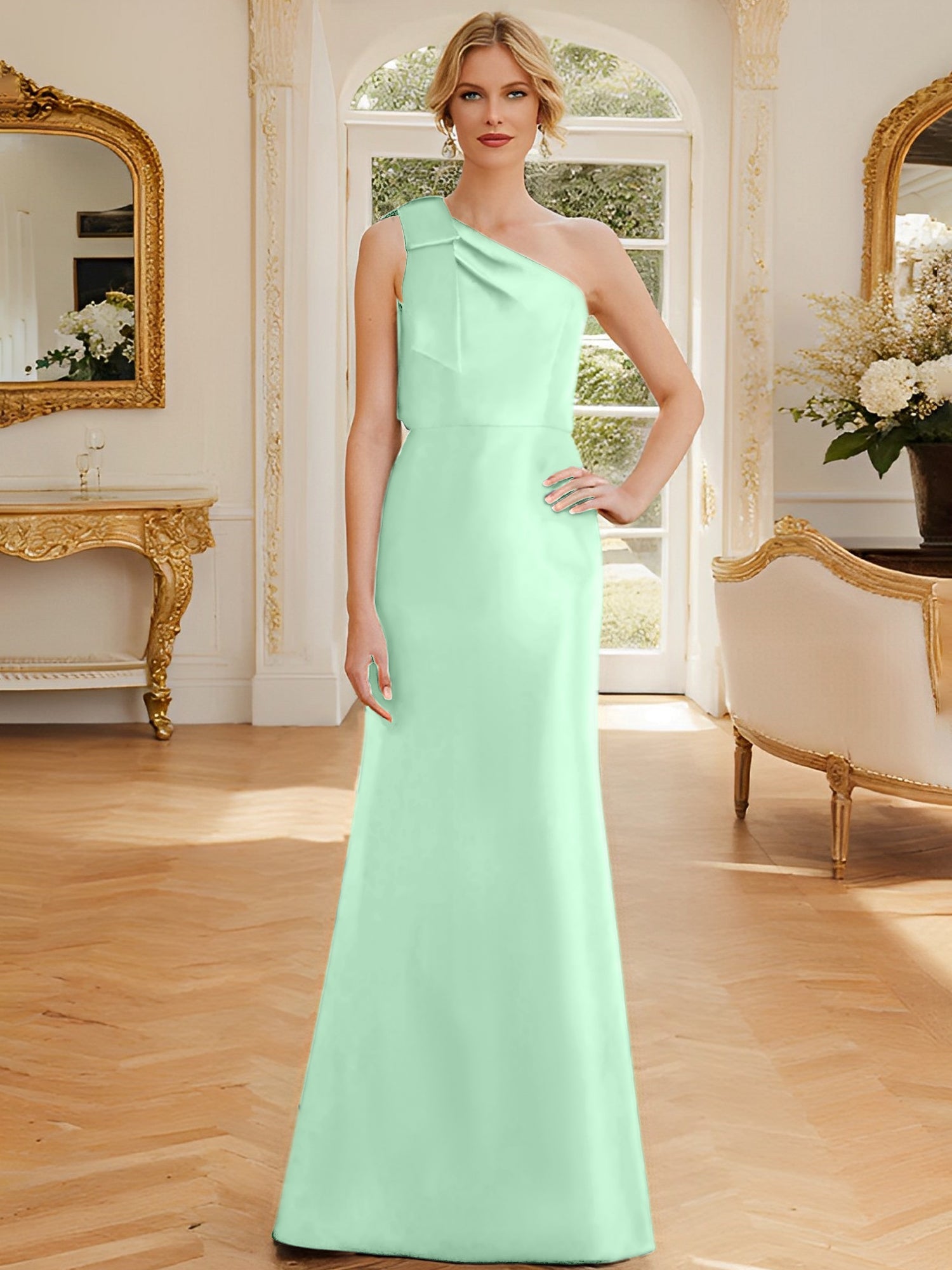Sheath Column One Shoulder Sleeveless Satin Mother Of The Bride Dresses With Bowknot