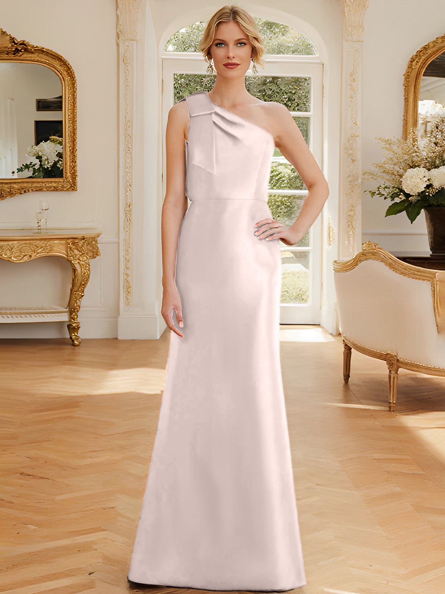Sheath Column One Shoulder Sleeveless Satin Mother Of The Bride Dresses With Bowknot