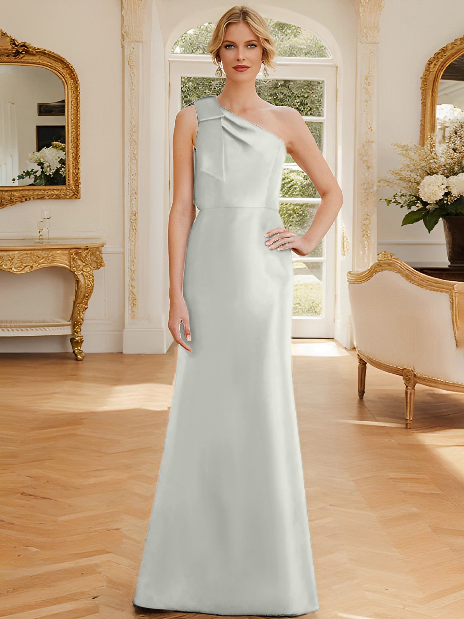 Sheath Column One Shoulder Sleeveless Satin Mother Of The Bride Dresses With Bowknot