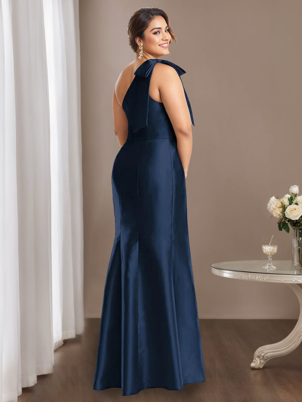 Sheath Column One Shoulder Sleeveless Satin Plus Size Mother Of The Bride Dresses With Bowknot