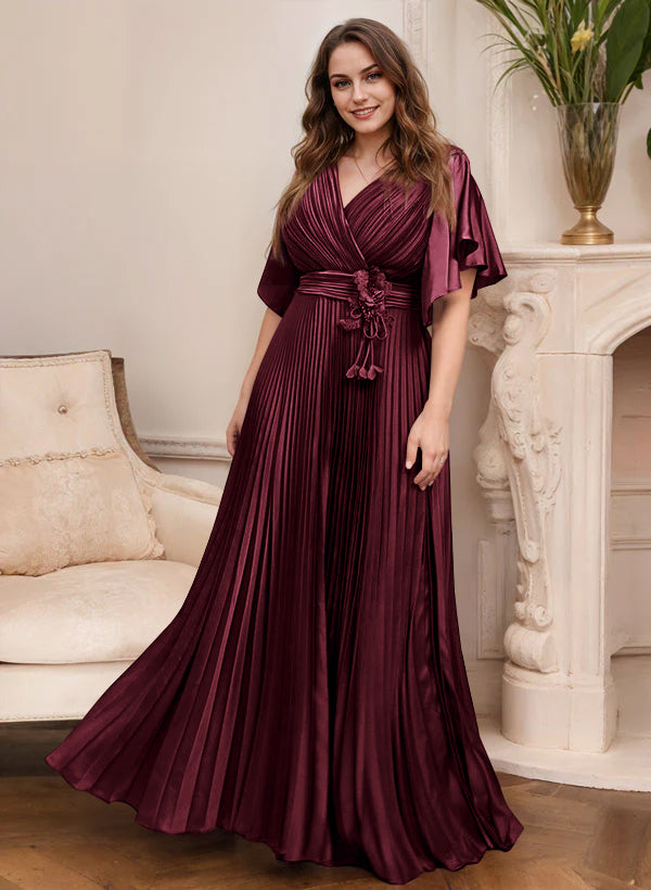 A Line Princess V Neck Short Sleeves Mother Of The Bride Dresses With Belt