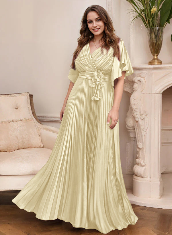 A Line Princess V Neck Short Sleeves Mother Of The Bride Dresses With Belt