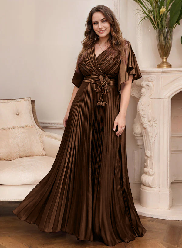 A Line Princess V Neck Short Sleeves Mother Of The Bride Dresses With Belt