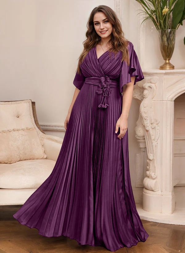 A Line Princess V Neck Short Sleeves Mother Of The Bride Dresses With Belt