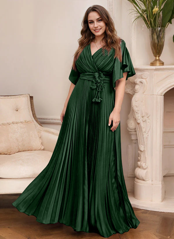 A Line Princess V Neck Short Sleeves Mother Of The Bride Dresses With Belt