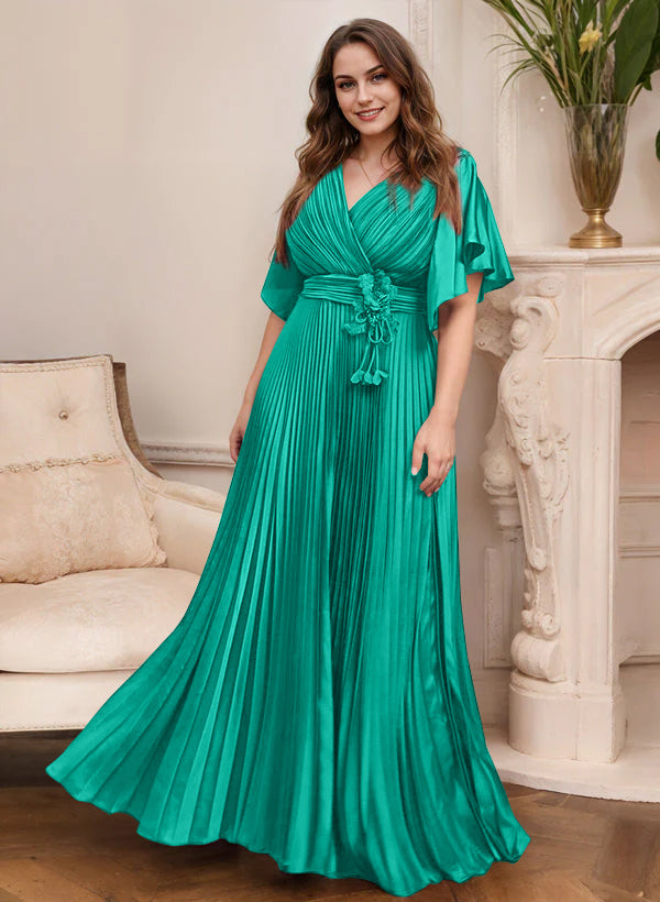A Line Princess V Neck Short Sleeves Mother Of The Bride Dresses With Belt