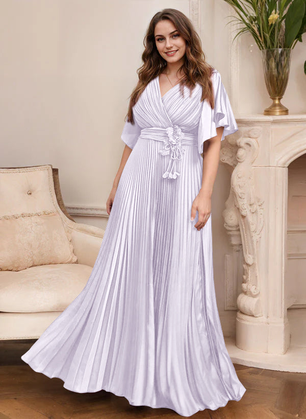 A Line Princess V Neck Short Sleeves Mother Of The Bride Dresses With Belt
