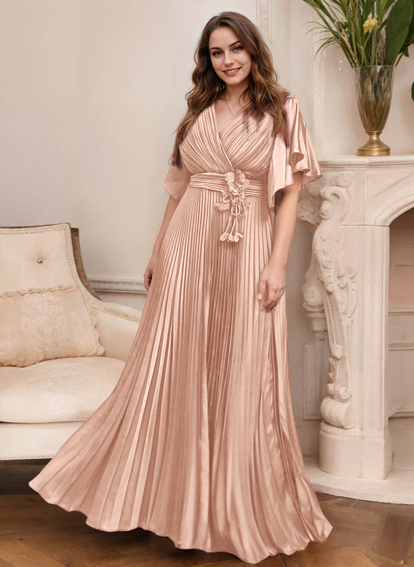 A Line Princess V Neck Short Sleeves Mother Of The Bride Dresses With Belt