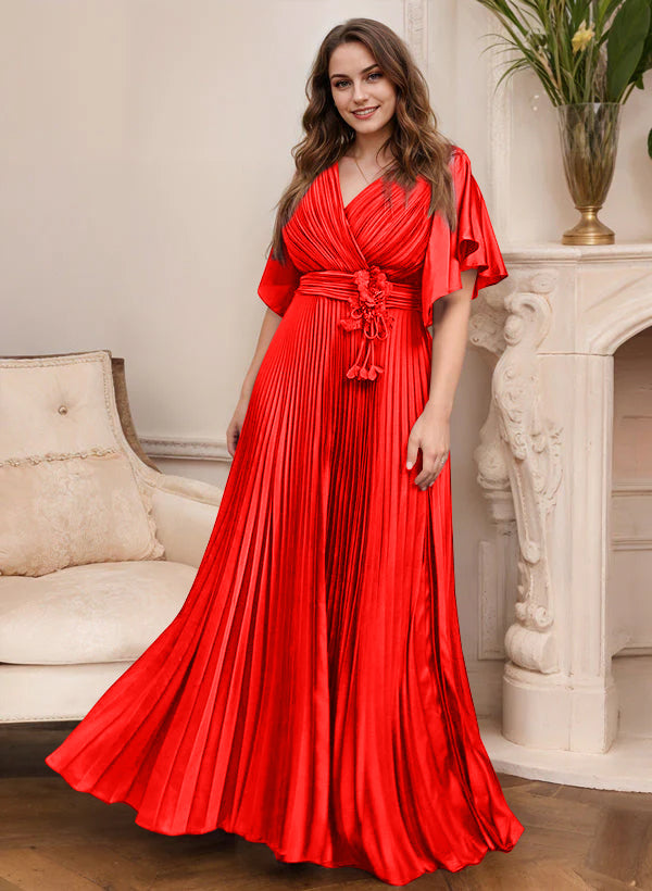 A Line Princess V Neck Short Sleeves Mother Of The Bride Dresses With Belt