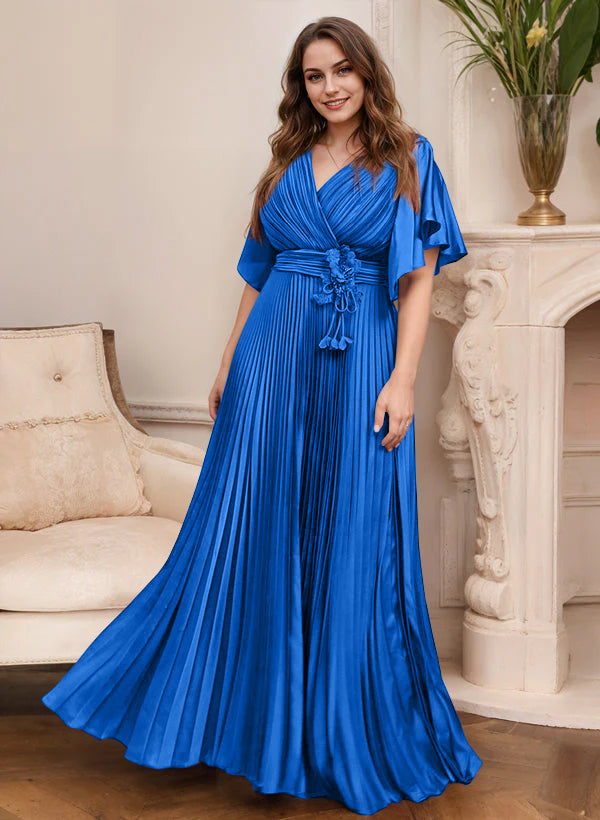 A Line Princess V Neck Short Sleeves Mother Of The Bride Dresses With Belt